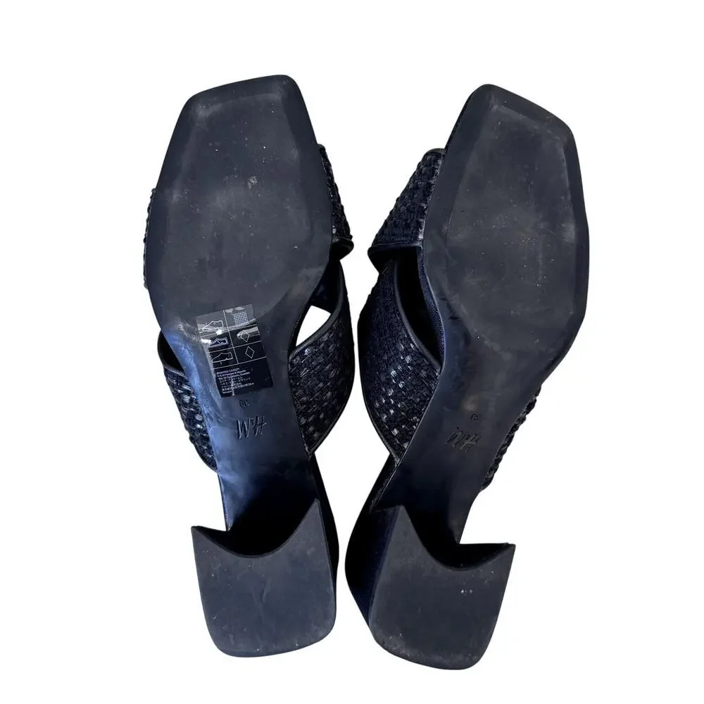 Worn Once! Knot Slip On Slides Sandals Block Heels Black Size 39